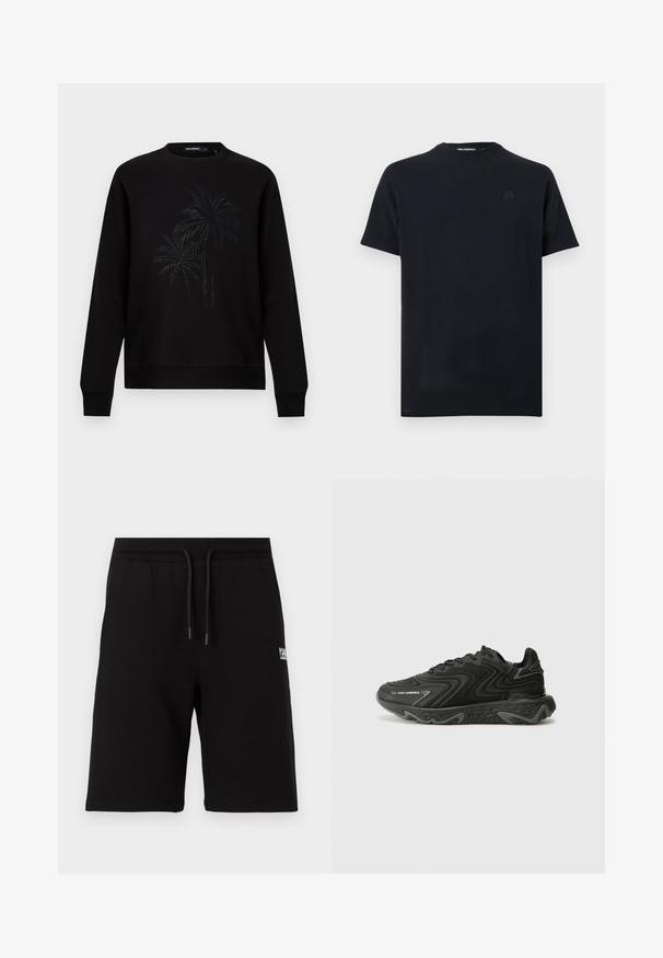 Black long-sleeve crewneck sweatshirt with subtle embossed palm tree design and small vertical brand name text on front center.; Black short-sleeve crew neck T-shirt with subtle embossed logo on the chest and "KARL LAGERFELD" text inside the collar.; Black knee-length shorts with elastic waistband and drawstring, featuring small white logo text on the right thigh.; Black sneakers with a wavy texture and gray accents. Features a lace-up design and a chunky, sculpted sole. Branding is visible on the side.