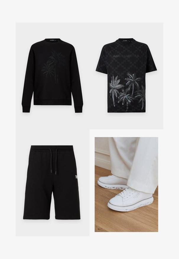 Schwarzes Sweatshirt mit langen Ärmeln und Rundhalsausschnitt, verziert mit einem dezenten, erhabenen Palmenmuster und kleinem, vertikal angeordnetem Markennamen auf der Vorderseite in der Mitte.; Schwarzes T-Shirt mit kurzen Ärmeln und einem dezenten, durchgehenden Logo-Muster, einer Palme-Grafik am unteren Rand und dem Schriftzug "KARL LAGERFELD" über der Brust.; Schwarze kniehohe Shorts mit elastischem Bund und Kordelzug, versehen mit kleinem weißem Logotext auf dem rechten Oberschenkel.; Weiße Low-Top-Sneaker mit einzigartigen ausgeschnittenen Sohlen, getragen zu hellen Hosen auf einem Holzboden.