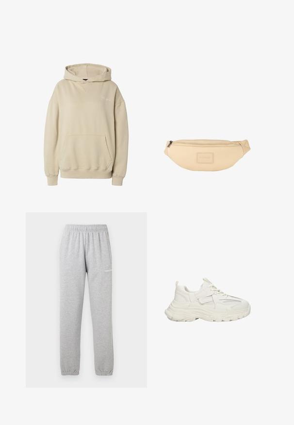 Beiger Kapuzenpullover mit Kängurutasche vorne, gerippten Bündchen und Saum sowie dezent gesticktem Text auf der linken Brust.; Graue Sweatpants aus weichem Material, mit einem elastischen Bund, Bündchen an den Knöcheln und einer Seitentasche. Logo auf dem linken Oberschenkel aufgedruckt.; Klüpfige weiße Sneakers mit Obermaterial aus strukturiertem Gewebe und Netzdetails, dicker Gummisohle, runder Zehenpartie und dekorativen Akzenten an den Seiten.; Beige Bauchtasche mit glatter, matter Oberfläche. Verfügt über einen Reißverschluss und ein kleines, eingeprägtes Logo auf der Vorderseite. Kompaktes und schlankes Design.