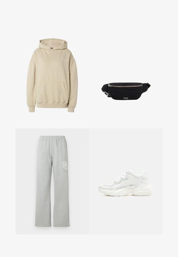 Beežipunane kapuutsiga dressipluus esimese kängurutasku, soonikkoes varrukate äärte ja alläärega ning vasaku rinna peal õrnalt tikitud teksti.; Hallid hallid tracksuit-püksid elastse vöökohtaga, sirge säärega disain, pehme tekstuur ja väike valge logo vasakul küljel.; Valged paksud tossud paksu tallaga, esiosal paeltega ja siledast sünteetilisest materjalist pealiskihiga, peenete õmblustega.; Mustast kangast vöökott hõbedase tõmblukuga ja reguleeritava rihmaga, mille esiküljel on väike valge "Bimba y Lola" logo.