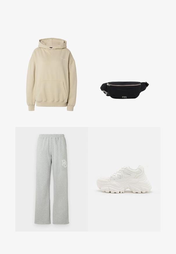 Beežipunane kapuutsiga dressipluus esimese kängurutasku, soonikkoes varrukate äärte ja alläärega ning vasaku rinna peal õrnalt tikitud teksti.; Hallid hallid tracksuit-püksid elastse vöökohtaga, sirge säärega disain, pehme tekstuur ja väike valge logo vasakul küljel.; Valged jämedad sneakers, millel on tekstureeritud ülemine osa, võrgusilma paneelid ja paksud kummist tallad, millel on silmapaistev mustrimuster. Paelad ja tõmbeosa on kaasa arvatud.; Mustast kangast vöökott hõbedase tõmblukuga ja reguleeritava rihmaga, mille esiküljel on väike valge "Bimba y Lola" logo.