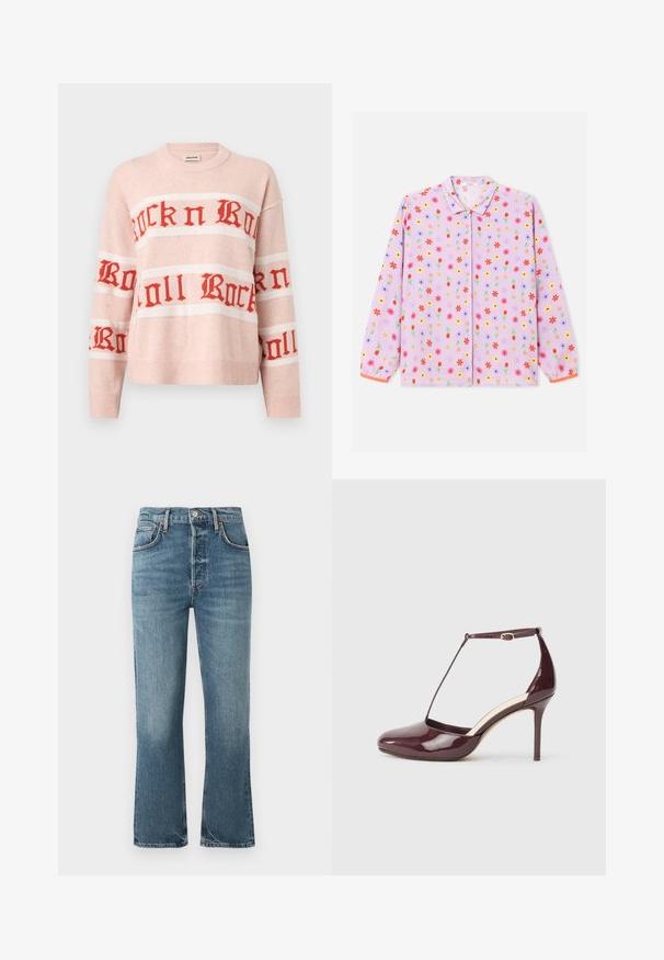 Lyserød strikket sweater med rød "Rock n Roll" tekst i gotisk skrifttype på tværs af bryst og ærmer, med ribbet manchetter og kant.; Lyse lilla langærmet skjorte med et heltrykt blomstermønster i rødt, gult og blåt. Indeholder en slå-krave og knaplukning.; Lyseblå denimjeans med høj talje, lige ben-design og subtil falming. Har klassisk fem-lomme-stil og metalknaplukning.; Bordørødt laklæder høje hæle sko med spids tå, ankelrem spænde og T-rem detalje på en neutral baggrund.