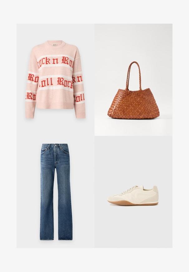 Lyserød strikket sweater med rød "Rock n Roll" tekst i gotisk skrifttype på tværs af bryst og ærmer, med ribbet manchetter og kant.; Blå denimjeans med lige ben, der har fem lommer, knaplukning og let falmede effekter med subtile slidmærker.; Lyse beige sneakers med en tekstureret læderoverdel, teksturerede sider og en gummisål. Har et slankt, strømlinet design og flade snørebånd.; DRAGON DIFFUSION SANTA CROCE BIG - Håndtasker - tan