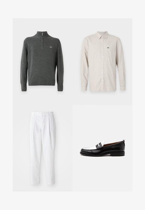 Halliga pullover-sviiter pooltõmblusega, ribatatud varrukate ja äärega, valmistatud pehmest kangast. Rinna peal on väike roheline Lacoste logo.; Beež pika varrukaga särk, punase ja sinise ruudulise mustriga, eest nööpidega, krae ja rohelise krokodilli logoga vasakul rinnal.; Valged pleeditud püksid kõrge vöökoht ja lühendatud pikkus, millel on sile tekstuur ja puhtad jooned. Puuduvad nähtavad metallosad või mustrid.; Must-valge nahast loafer, õmmeldud detailide, madala kontsa ja libisemisdisainiga, näidatud külgvaates tavalise tausta peal.