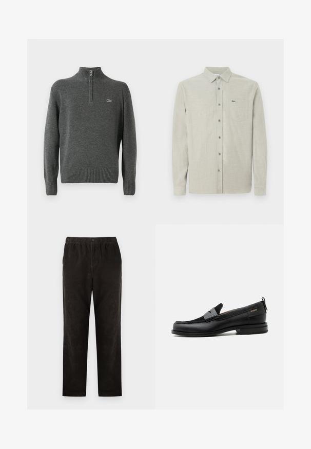 Suéter gris de punto con medio cierre, puños y dobladillo acanalados, hecho de tejido suave. Presenta un pequeño logo verde de Lacoste en el pecho.; Camisa de manga larga color beige claro, con botón y cuello, bolsillo en el pecho que presenta un pequeño logo de cocodrilo verde.; Pantalones de pana negra con un diseño de pierna recta, que presentan una cintura elástica y un cierre de un solo botón. Textura suave, detalles mínimos.; Mocasín de cuero negro con detalle de tira gris, tacón bajo y suela texturizada, con la marca "HUGO" en oro en el lateral.