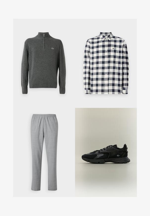 Pull en gris avec demi-zip, poignets et ourlet côtelés, fabriqué en tissu doux. Présente un petit logo vert Lacoste sur la poitrine.; Chemise à manches longues à carreaux bleu marine et blanc, en tissu doux, avec un col boutonné et un petit logo sur la poitrine.; Pantalons gris légers avec une texture lisse, une taille élastique et une conception à jambes droites. Présentent un motif subtil et fin sur l'ensemble.; Sneaker Lacoste noir avec des panneaux en mesh et en daim, semelle noire, lacets, logo et texte coordonné sur le côté sur fond beige uni.