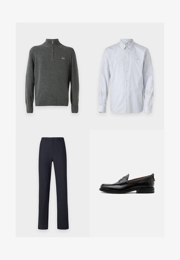 Pull en gris avec demi-zip, poignets et ourlet côtelés, fabriqué en tissu doux. Présente un petit logo vert Lacoste sur la poitrine.; Chemise à manches longues rayée en mélange de coton bleu clair et blanc. Dotée d'une fermeture à boutons, d'un col classique et d'un petit logo brodé sur la poitrine.; Pantalons bleu marine en tissu lisse, avec une fermeture à bouton sur le devant, une taille classique et une coupe droite.; Mocassin homme en cuir noir avec couture moc toe, bride penny, col texturé et petit talon empilé sur fond blanc.