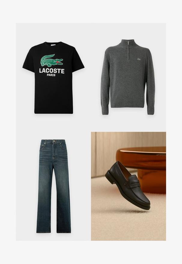 Šedý pulóver s polovičným zipsom, rebrovanými manžetami a spodným lemom, vyrobený z jemnej tkaniny. Na hrudi sa nachádza malé zelené logo Lacoste.; Čierne bavlnené tričko s logom zeleného krokodíla a bielym textom "LACOSTE PARIS". Krátke rukávy a klasický okrúhly výstrih.; Deminové džínsy v tmavomodrom praní, s rovnými nohavicami, klasickým dizajnom s piatimi vreckami a jemným zlomením v oblasti bokov.; Čierne pánske kožené mokasíny s pásikom na vrchu, vystavené na béžovom koberci pri hnedom modernom okrúhlom stole.