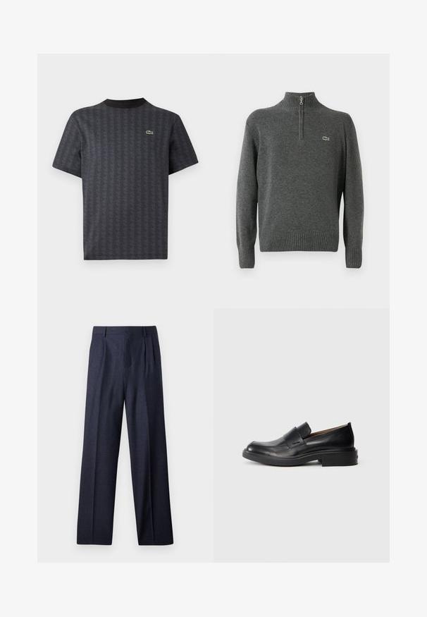 Halliga pullover-sviiter pooltõmblusega, ribatatud varrukate ja äärega, valmistatud pehmest kangast. Rinna peal on väike roheline Lacoste logo.; Must muströi muströi T-särk, millel on geomeetriline muster ja roheline krokodillilogos, ning sellel on kogu musta värvi ümar kaelus.; Tumes villased püksid, millel on kohandatud lõige, pleeditud eesmine osa ja laiad sääred. Sujuv tekstuur ja puhtad jooned, sobivad ametlikeks üritusteks.; Must musta kemppedista nahkasaapad madala kontsaga ja peene Calvin Kleini logoga küljel, näidatud profiilis valgel taustal.