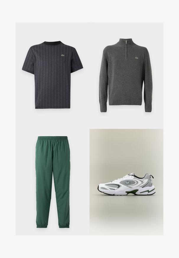 Grå pullover trøje med halv lynlås, ribbenede manchetter og kant, lavet af blødt stof. Har et lille grønt Lacoste-logo på brystet.; Sort kortærmet t-shirt med et geometrisk mønster og et grønt krokodille-logo, med en ensfarvet sort rund hals.; Grønne, lette, elastiske bukser med en rynket talje og manchetter, lavet af et glat, vandafvisende materiale.; Hvid og grå sporty løbesko med mesh-paneler, grønne detaljer, sorte elementer og et logo på siden, vist fra ydersiden.