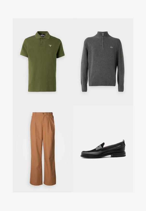 Pull en gris avec demi-zip, poignets et ourlet côtelés, fabriqué en tissu doux. Présente un petit logo vert Lacoste sur la poitrine.; Polo olive en coton, avec un col classique, deux boutons, des manches courtes et un petit logo brodé sur la poitrine.; Pantalon à jambes larges en tissu marron chaud, avec fermeture à boutons sur le devant, plis subtils et coupe droite pour une tenue décontractée.; Mocassin en cuir noir avec détail de bride grise, talon bas et semelle texturée, marqué "HUGO" en or sur le côté.
