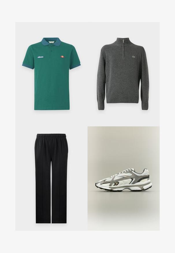 Grijze trui met een half ritssluiting, geribbelde manchetten en onderkant, gemaakt van zachte stof. Heeft een klein groen Lacoste-logo op de borst.; Groene polo shirt van katoen met een contrasterende blauwe kraag en manchetten. Heeft een geborduurd logo en een klein kleurrijk ontwerp op de borst.; Zwarte broek van zacht materiaal met een elastische tailleband, rechte pijpen en twee zijzakken. Heeft verborgen stikseldetails.; Sportschoen met een witte mesh bovenkant, grijze accenten, zwarte rubberen zool en een gestroomlijnd ontwerp. Bevat veters en textuurdetails.
