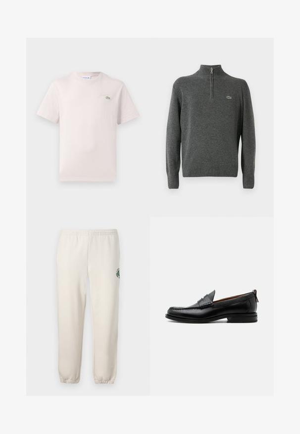 Grauer Pullover mit halbem Reißverschluss, gerippten Bündchen und Saum, aus weichem Material. Besitzt ein kleines grünes Lacoste-Logo auf der Brust.; Helles rosa Baumwoll-T-Shirt mit Rundhalsausschnitt, kurzen Ärmeln und einem grünen, gestickten Lacoste-Logo auf der Brust. Weicher Stoff.; Helle beige Sweatpants aus Baumwolle mit einem elastischen Bund, gerippten Bündchen und einem grünen Logo mit Blattdesign am linken Bein.; Schwarzer Leder-Herrenschuh mit Mokassinnaht, Penny-Riemen, strukturiertem Kragen und niedrigem gestapeltem Absatz auf weißem Hintergrund.
