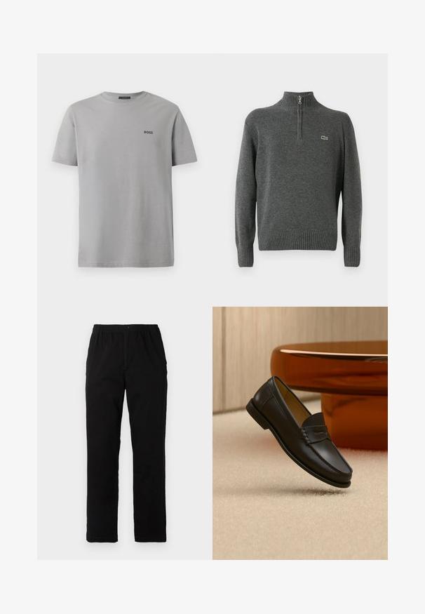 Pull en gris avec demi-zip, poignets et ourlet côtelés, fabriqué en tissu doux. Présente un petit logo vert Lacoste sur la poitrine.; T-shirt en coton gris à manches courtes, col rond, avec un petit logo noir "BOSS" sur la partie gauche de la poitrine. Texture lisse, design simple.; Pantalons noirs en tissu mélangé de coton, avec une coupe droite, une taille élastique avec bouton et sans motifs ni accents visibles.; Chaussure mocassin en cuir noir suspendue au-dessus d’un tapis beige avec du mobilier moderne couleur ambre en arrière-plan.