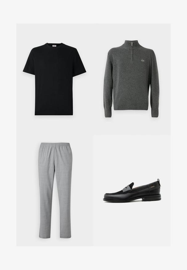 Suéter gris de punto con medio cierre, puños y dobladillo acanalados, hecho de tejido suave. Presenta un pequeño logo verde de Lacoste en el pecho.; Camiseta básica negra de manga corta con cuello redondo, exhibida plana sobre un fondo blanco, con una pequeña etiqueta de la marca en el interior del collar.; Pantalones grises, ligeros, con una textura suave, cintura elástica y diseño de pierna recta. Presentan un patrón sutil y fino en toda su extensión.; Mocasín de cuero negro con detalle de tira gris, tacón bajo y suela texturizada, con la marca "HUGO" en oro en el lateral.