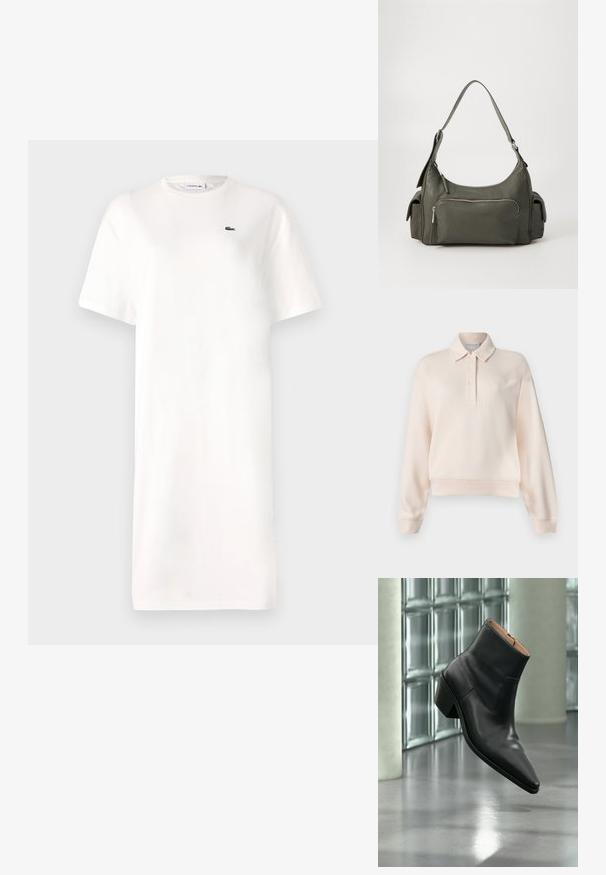 Sudadera de polo de un suave color rosa pálido con un cuello tipo polo, tapeta de tres botones y logotipo de la marca en relieve en el pecho. Tejido suave, corte holgado.; Vestido blanco de camiseta hecho de algodón, con cuello redondo, mangas cortas y un pequeño logo verde en el pecho. Silueta simple y recta.; Botín de piel negra con puntera puntiaguda y tacón cuadrado que levita sobre un suelo gris reflectante cerca de una pared de bloques de cristal.; Bolso de hombro de cuero verde con un diseño curvado, bolsillo con cremallera en la parte frontal y bolsillos adicionales en los laterales. Textura suave y hardware minimalista.