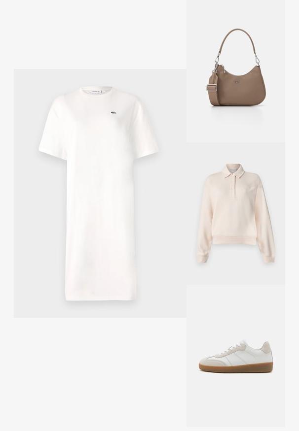 Sudadera de polo de un suave color rosa pálido con un cuello tipo polo, tapeta de tres botones y logotipo de la marca en relieve en el pecho. Tejido suave, corte holgado.; Vestido blanco de camiseta hecho de algodón, con cuello redondo, mangas cortas y un pequeño logo verde en el pecho. Silueta simple y recta.; Deportivas de cuero blanco con acentos de ante beige, lengua texturizada y suela de goma. Presenta cordones blancos y detalles sutiles de costura.; Bolso sintético marrón con un diseño curvado, que cuenta con un asa corta y una correa de hombro desmontable. Detalles en metal plateado y logo.