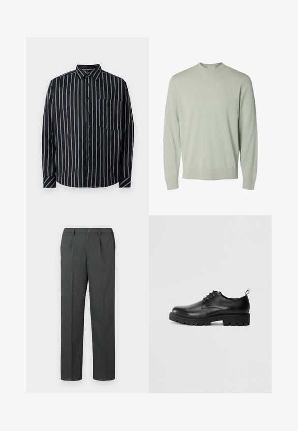 Lysegrøn langærmet crewneck trøje med ribbet manchet og kant, vist på ensfarvet baggrund.; Sort button-up skjorte med blå lodrette striber, lange ærmer, krave og en brystlomme. Glat stof, afslappet pasform, standard knapper.; Grå skræddersyede bukser med flad front, lige ben design og enkelt knaplukning, lavet af et letvægtsstof.; Sort læder sko med en rund tå, der har snørelukning, solid sort gummisål og en lille hælflap bagpå.