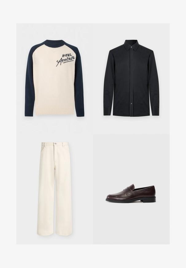 Pull crème avec manches et col bleu marine, arborant le texte noir "Hotel Amour" sur le haut à gauche de la poitrine.; Chemise noire à manches longues avec un col pointu, un bouton à l'avant et des poignets rectangulaires. Fabriquée en tissu lisse et léger.; Pantalon large couleur blanc cassé avec bouton et fermeture éclair à l'avant, passants pour ceinture et deux poches avant, présenté sur un fond uni.; Mocassin en cuir marron avec un bout arrondi, une sangle brodée et un talon bas. Texture lisse avec un léger éclat, sans motifs ou embellissements proéminents.