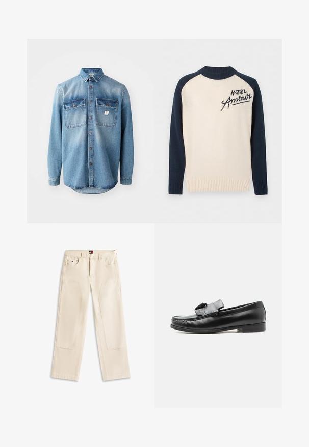 Pull crème avec manches et col bleu marine, arborant le texte noir "Hotel Amour" sur le haut à gauche de la poitrine.; Chemise en denim bleu clair à manches longues, avec deux poches sur la poitrine, fermeture à boutons à l'avant et des dessus de poche plus foncés en contraste. Présente un ourlet arrondi.; Pantalon beige à jambes droites avec grandes poches avant sur les cuisses, passants pour ceinture, fermeture à bouton métallique, et petit logo Tommy Hilfiger sur la poche droite.; Mocassin en cuir noir avec un détail pompon, talon bas et bout arrondi, présenté de profil sur un fond uni clair.