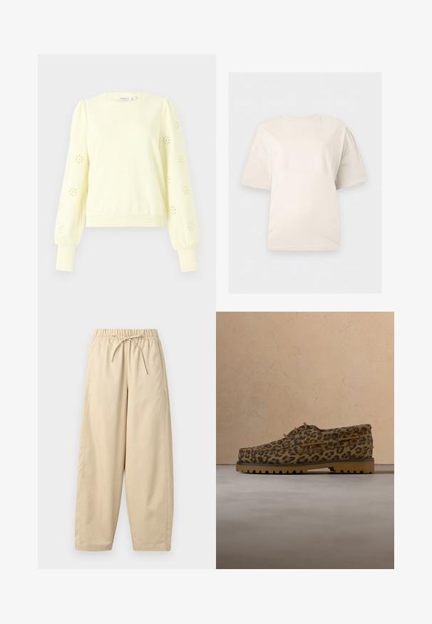 Sweatshirt jaune pâle avec un col rond, des manches bouffantes, des découpes florales en œillets et des poignets et un ourlet côtelés. Tissu doux au toucher.; T-shirt uni à manches courtes couleur blanc cassé avec un col rond, présenté sur un fond gris clair neutre.; Pantalon beige à jambes larges avec taille élastique et cordon de serrage, fabriqué en tissu léger, adapté pour une tenue décontractée.; Mocassins à imprimé léopard marron et noir, semelle épaisse en caoutchouc beige, et lacets marron, posés sur un tapis beige devant un canapé beige.