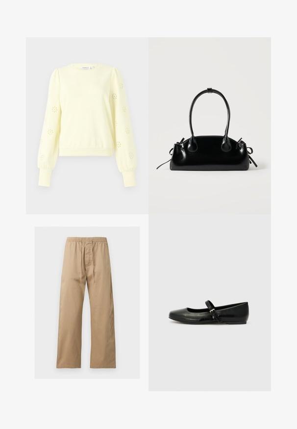 Sweatshirt jaune pâle avec un col rond, des manches bouffantes, des découpes florales en œillets et des poignets et un ourlet côtelés. Tissu doux au toucher.; Pantalon marron clair à coupe ample avec taille élastique et cordon à l’avant, en tissu léger, présenté sur un fond uni.; Ballerines en cuir noir avec un bout arrondi, une semelle plate et une fine sangle ajustable sur le cou-de-pied avec une boucle en métal.; Petit sac à main noir brillant avec deux longues anses et des détails à cordon sur les côtés sur un fond clair uni.