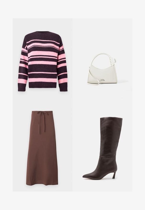 Stribet sweater i mørk lilla og blød pink med brede, horisontale striber, rund halsudskæring og ribbede ærmeender. Fremstillet af struktureret strikket materiale.; Brun ankel-lang nederdel med elastisk talje og justerbar snor, lavet af glat stof.; Steve Madden LAVAN - Høje støvler/ Støvler - brown; Hvid læder håndtaske med en buet form, udsmykket med små hvide nitter langs håndtaget. Har en lang rem og prægede logo foran.