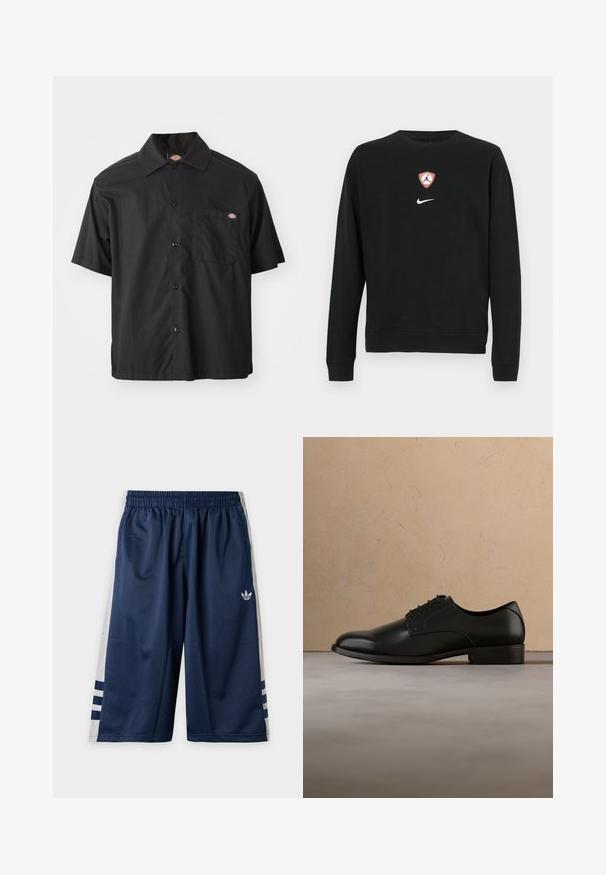Zwarte sweatshirt van een katoenmix, met een centraal rood-wit Jordan-logo in de vorm van een schild en een wit Nike-logo eronder. Ronde hals en lange mouwen.; Zwarte korte mouwen knoopshirt van katoen, met een enkele borstzak en logo patch. Gladde textuur en relaxte pasvorm.; Marineblauwe sportshorts met elastische tailleband, witte mesh zijpanelen, drie marineblauwe strepen en een klein wit Adidas-logo op het linkerbeen.; Zwarte leren nette schoen zwevend boven een beige geweven kleed, met een ronde houten salontafel en gestapelde boeken op de achtergrond in zachte focus.