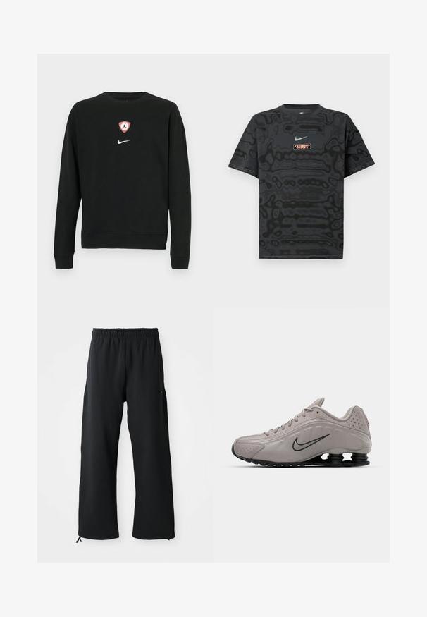 Schwarzer Pullover aus Baumwollmischung, mit einem zentralen roten und weißen Jordan-Logo-Schild und einem weißen Nike-Logo darunter. Rundhalsausschnitt und lange Ärmel.; Schwarzes T-Shirt mit einem strukturierten Muster, versehen mit einem kleinen Nike-Logo in Hellblau und einem rechteckigen Logopatch in kontrastierenden Farben.; Schwarze weit geschnittene Hose aus weichem Stoff, mit elastischem Bund und Kordelzug, seitlichen Taschen und glatter Textur.; Helle graue Sportschuhe mit einem geformten Obermaterial, strukturierten Akzenten, schwarzer Sohle und einem auffälligen Nike-Swoosh in Dunkelgrau. Verfügt über Perforationen.