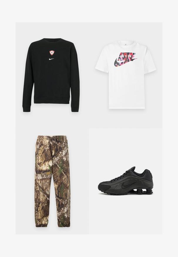 Must puuvillasegust pusa, mille keskel on punase ja valge Jordan'i logo kilp ning allvalge Nike'i logo. Ümar kaelus ja pikad varrukad.; Valge lühikeste varrukatega T-särk, millel on suur Nike logo musta ja mitmevärvilise leopardimustriga ning logo sees sõna "AIR".; Kamoflaazhiga mustrid, millel on pruun ja roheline looduslik muster, elastse vöökohaga, millel on reguleeritav nöör ning elastsed mansetid pahkluude juures.; Mustad mustat jooksujalad, millel on sile sünteetiline ülemus, perforatsioonid, tekstureeritud külgpaneelid ja eristuv elastne tall.