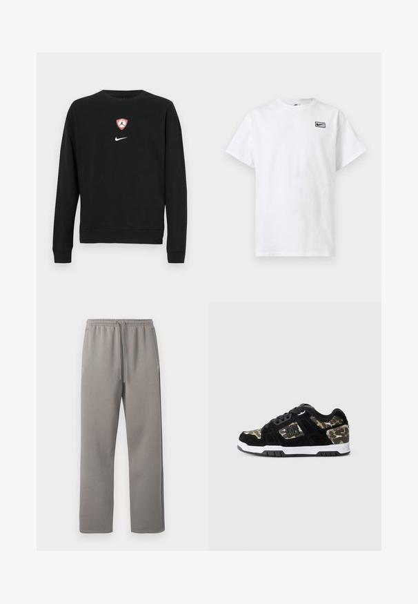 Schwarzer Pullover aus Baumwollmischung, mit einem zentralen roten und weißen Jordan-Logo-Schild und einem weißen Nike-Logo darunter. Rundhalsausschnitt und lange Ärmel.; Weißes T-Shirt mit kurzen Ärmeln und Rundhalsausschnitt, mit kleinem schwarzem Nike Swoosh-Logo in einem Rechteck auf der linken Brust.; Graue Jogginghose aus weichem Stoff, ausgestattet mit einem elastischen Bund mit Kordelzug und zwei Seitentaschen. Gerader Schnitt.; Schwarze Wildledersneaker mit Camouflage-Muster an der Seite, weißer Mittelsohle und schwarzer Gummisohle. Mit Schnürsenkeln und Logodetail an der Seite.
