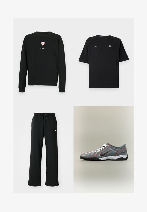 Sweat-shirt noir en mélange de coton, avec un bouclier central du logo Jordan en rouge et blanc et un logo Nike blanc en dessous. Col rond et manches longues.; T-shirt de sport noir à manches courtes Nike avec logo swoosh blanc sur le côté gauche de la poitrine et petit emblème carré sur le côté droit de la poitrine, fond uni.; Pantalons de survêtement noirs en tissu doux, dotés d'une taille élastique avec cordon de serrage réglable et d'un petit logo décoratif sur le côté.; Chaussure de football en salle Nike Total 90 III grise avec lacets blancs, semelle noire, coutures rouges et logo swoosh noir sur le côté.