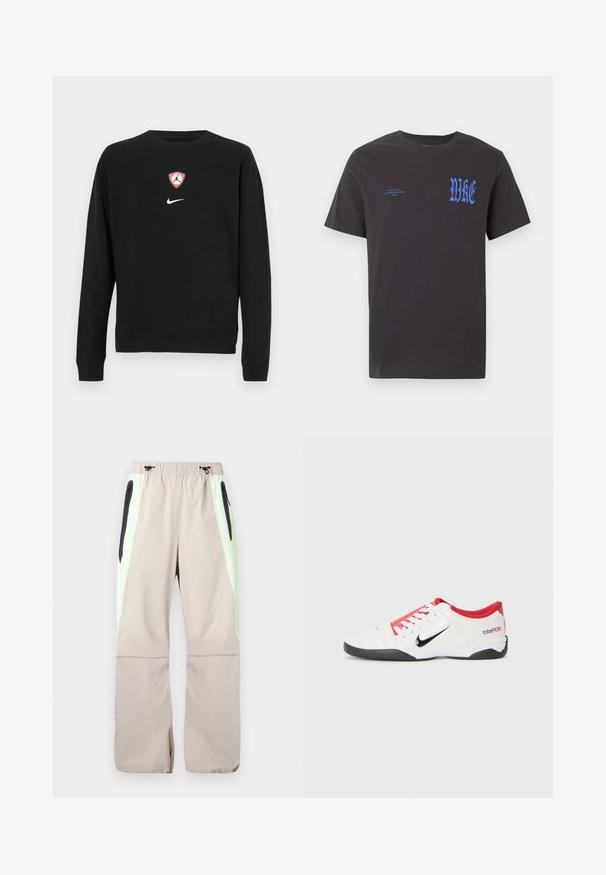Sort sweatshirt i bomuldsblanding med et centralt rødt og hvidt Jordan-logo i form af et skjold og et hvidt Nike-logo nedenunder. Rund hals og lange ærmer.; Sort T-shirt med korte ærmer og rund hals med blå "NIKE" tekst i gotisk skrifttype på brystet og mindre "NIKE AIR INCORPORATED 1972" tekst på venstre side.; Beige bukser med lysegrønne sidepaneler, sorte lår-lommer med lynlås og elastisk talje med sorte snore.; Hvide atletiske sko med røde accenter, sort Swoosh-logo og struktureret design. Har hvide snørebånd og en sort ydersål. Teksten læser "total90."
