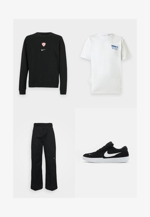 Čierna mikina z bavlnenej zmesi s centrálnym štítom loga Jordan v červenej a bielej farbe a bielym logom Nike pod ním. Okrúhly výstrih a dlhé rukávy.; Biele tričko s krátkym rukávom, s okrúhlym výstrihom a modrým nápisom "OBEY Sound Design Dept" a malou grafikou na ľavej strane hrude.; Čierne nohavice z odolnej látky, s rovnými nohavicami, opaskovými závesmi a malým logom na dolnej strane.; Čierne semišové tenisky s bielymi akcentmi, so zaoblenou špičkou, hrubou bielou podrážkou a čiernymi šnúrkami. Výrazné biele logo Nike na boku.