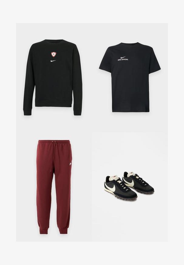 Sort sweatshirt i bomuldsblanding med et centralt rødt og hvidt Jordan-logo i form af et skjold og et hvidt Nike-logo nedenunder. Rund hals og lange ærmer.; Sort bomulds t-shirt med rund halsudskæring. Har et hvidt Nike-logo og teksten "NIKE OFFICIAL" på fronten. Korte ærmer.; Bordeaux sweatpants lavet af blødt stof, med en elastisk talje med snor og tapered manchetter, prydet med et lille hvidt logo.; Sorte sportssko med en struktureret overdel, hvid swoosh-logo og gummisål med små stik til trækkraft. Elfenbensfarvet krave.