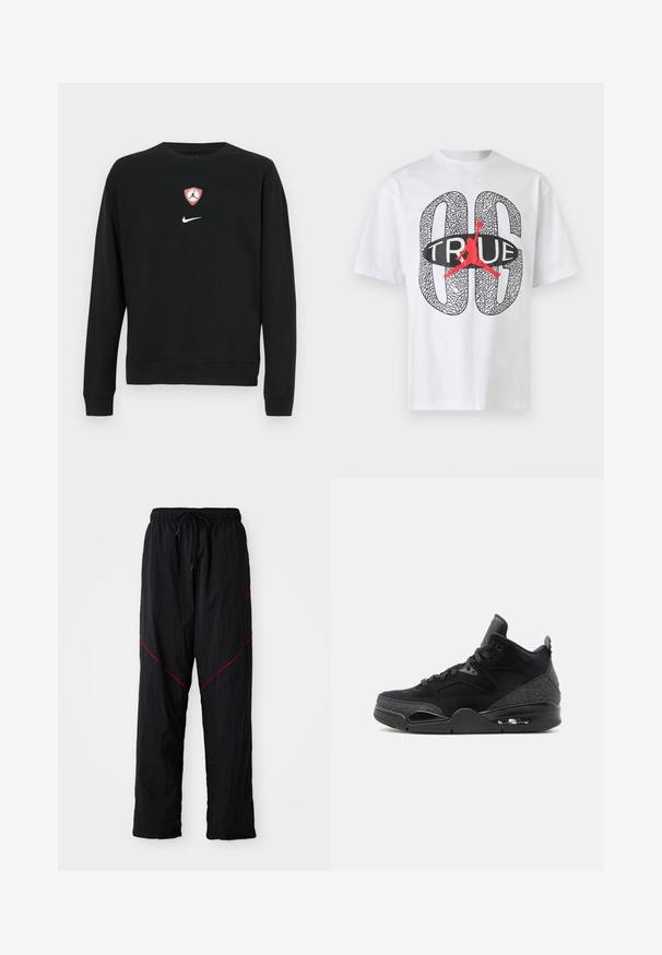 Must puuvillasegust pusa, mille keskel on punase ja valge Jordan'i logo kilp ning allvalge Nike'i logo. Ümar kaelus ja pikad varrukad.; Valge lühikeste varrukatega T-särk, millel on suur must muster "06" ja tekst "TRUE", keskel punase korvpalluri siluett.; Mustad mustas sportlikud püksid tekstureeritud viimistlusega, millel on paelael, punased rõhutruud ja avar lõige.; Mustad kõrged tossud paeltega ees, mustriliste külgpaneelidega, nähtava õhusaluse ja pehmendusega pahkluukrae valgel taustal.
