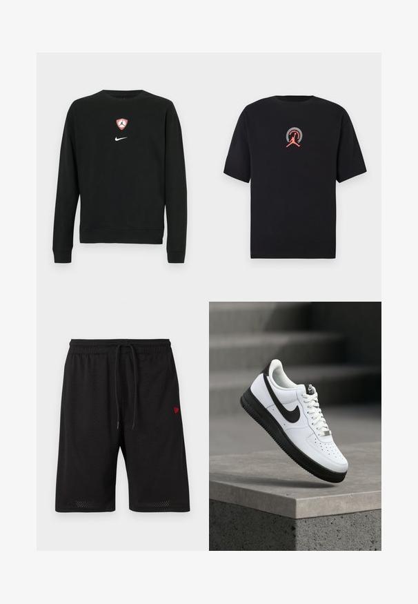 Schwarzer Pullover aus Baumwollmischung, mit einem zentralen roten und weißen Jordan-Logo-Schild und einem weißen Nike-Logo darunter. Rundhalsausschnitt und lange Ärmel.; Schwarzes T-Shirt aus Baumwolle mit einem roten Grafikdruck einer springenden Figur und einem kreisförmigen Schriftzug auf der Brust. Kurze Ärmel, Rundhalsausschnitt.; Schwarze Mesh-Shorts mit elastischem Bund, verstellbarem Kordelzug und kleinem roten Logo auf der linken Seite. Leichter und atmungsaktiver Stoff.; Weißer Ledersneaker mit schwarzen Akzenten, abgerundetem Zehenbereich und perforierten Details. Schwarze Gummisohle mit strukturiertem Muster und Schnürverschluss.