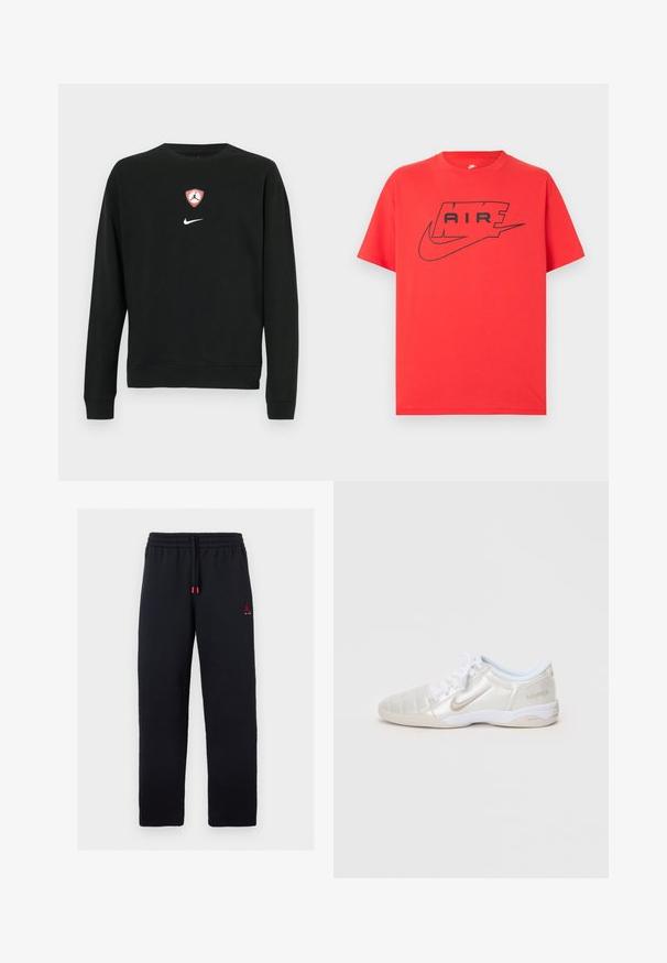 Sudadera negra en mezcla de algodón, con un escudo central del logo Jordan en rojo y blanco y un logo de Nike en blanco debajo. Cuello redondo y mangas largas.; Camiseta de algodón roja con un logo negro de Nike y texto "AIR". Mangas cortas y cuello redondo con un ajuste relajado. Textura suave.; Pantalones deportivos negros con cintura elástica y cordón, pequeño logo Jumpman rojo con texto "AIR" en el muslo izquierdo.; Zapatillas deportivas plateadas claras con un upper liso y brillante, paneles cosidos, cordones blancos y acentos beige en el talón y el logo.