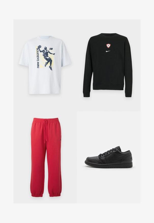 Zwarte sweatshirt van een katoenmix, met een centraal rood-wit Jordan-logo in de vorm van een schild en een wit Nike-logo eronder. Ronde hals en lange mouwen.; Lichtblauw katoenen T-shirt met een donkere silhouet van een basketbalspeler en "new balance" tekst in contrasterende kleuren. Korte mouwen.; Rode joggingbroek met elastische taille, trekkoord en elastische boorden, met een klein zwart Jumpman-logo op de rechterdij.; Zwarte leren lage sneakers met geperforeerde neus, platte veters, gevoerde kraag en een gestructureerde buitenzool. Voorzien van een subtiele logo op de hiel.