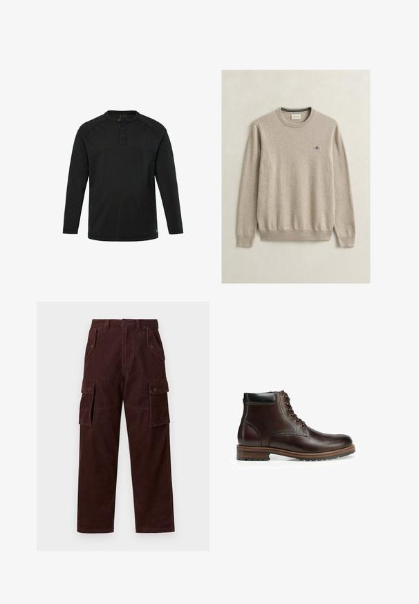 Beige sweater met ronde hals, lange mouwen, geribbelde manchetten en zoom, en een klein geborduurd logo op de linkerborst.; Zwarte lange mouw Henley-shirt met drie knopen en een ronde hals, eenvoudig design en rechte zoom.; Bruine corduroy cargobroeken met wijde pijpen, voorzien van grote zijzakken, verticale ribbelstructuur en knoopsluitingen.; Donkerbruine leren veterlaars tot aan de enkel met een zwarte gewatteerde kraag en een stevige rubberen zool, zijaanzicht op een witte achtergrond.