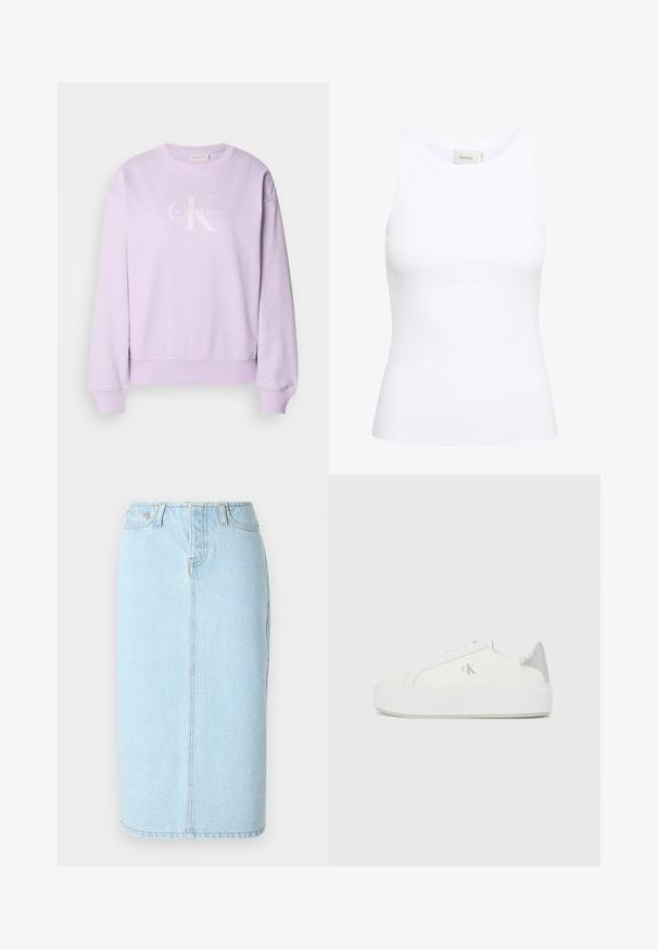 Lilla sweatshirt lavet af blødt stof. Har en rund hals, lange ærmer, ribbede manchetter og et hvidt Calvin Klein-logo på fronten.; Hvid ribbet tanktop med rund halsudskæring og uden ærmer. Strækbart stof og tætsiddende design. Etiketten bagpå viser "GESTUZ."; Lys blå denim blyantskørt med høj talje, fem lomme-design og subtile syninger langs sømmene.; Hvide lærredssneakers med en tyk hvid sål, prydet med en metallic sølvaccent på hælen og en diskret logo-detalje på siden.
