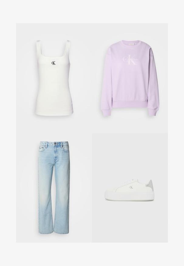 Lilla sweatshirt lavet af blødt stof. Har en rund hals, lange ærmer, ribbede manchetter og et hvidt Calvin Klein-logo på fronten.; Hvid bomulds tanktop med firkantet udskæring og smalle stropper. Har et lille sort broderet CK-logo på forsiden.; Lyseblå brede jeans lavet af denim med et klassisk fem-lomme design og en subtil falmet tekstur. Denim-syninger er synlige.; Hvide lærredssneakers med en tyk hvid sål, prydet med en metallic sølvaccent på hælen og en diskret logo-detalje på siden.