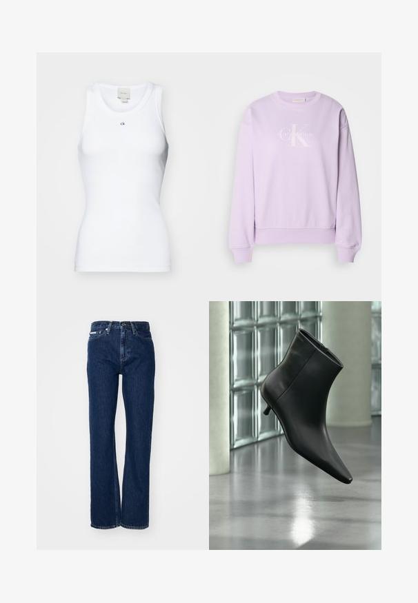 Lilla sweatshirt lavet af blødt stof. Har en rund hals, lange ærmer, ribbede manchetter og et hvidt Calvin Klein-logo på fronten.; Hvid ribbet tanktop med rund halsudskærring og et lille "ck" logo. Fremstillet af strækbart materiale for en tætsiddende silhuet.; Mørkeblå denimjeans med lige ben, knaplukning og fem lommer. Stoffet har en let struktur med subtile syninger.; Sort læderankelstøvle med spids tå og lav kitten-hæ, vist vinklet mod en poleret gulv- og glasblokvæg.
