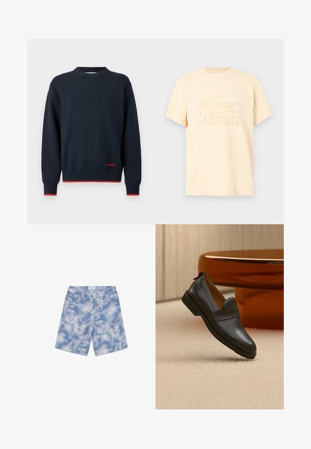 Marineblauer Pullover mit langen Ärmeln und Rundhalsausschnitt, roter Besatz an Bündchen und Saum sowie einer kleinen roten Stickerei über dem Saum auf der rechten Vorderseite.; Lacoste-Logo-T-Shirt in hellem Pastellgelb. Aus Baumwolle gefertigt, mit Rundhalsausschnitt und kurzen Ärmeln, bestickt mit Krokodil-Design und Markenname.; Hellblaue Jeansshorts mit Wolkenmuster. Aus Baumwolle gefertigt, verfügen sie über ein klassisches Fünf-Taschen-Design und einen Knopfverschluss.; Schwarzer Lederloafer mit niedrigem Absatz, der über einem beigen Teppich schwebt, neben einem glänzenden bernsteinfarbenen Tisch in einem minimalistischen Raum.