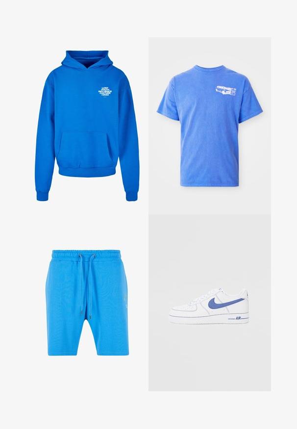 Sudadera azul hecha de una mezcla de algodón, con bolsillo canguro, puños acanalados y una impresión de texto gráfico en el lado izquierdo del pecho.; Camiseta de algodón azul con mangas cortas, cuello redondo, que presenta un gráfico blanco de un vehículo en el lado izquierdo del pecho. Textura suave.; Pantalones cortos de algodón azul con una cinturilla elástica, cierre de cordón y un sutil detalle gráfico en el lado. Textura suave y corte holgado.; Zapatillas Nike Air Force 1 blancas con detalles en azul. Presentan cuero suave, caja de toe perforada y suela de goma con costuras visibles.
