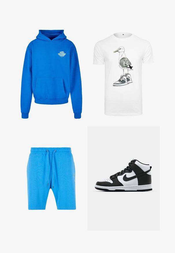 Blaue Kapuzenjacke aus Baumwollmischung, mit einer Kängurutasche, gerippten Bündchen und einem grafischen Textdruck auf der linken Brust.; Weißes T-Shirt mit einem grafischen Motiv eines Möwen, die in einem Sneaker steht, mit grauen und schwarzen Akzenten auf dem Schuh und Aquarelltexturen.; Blaue Baumwollshorts mit elastischem Bund, Kordelzugverschluss und dezentem grafischen Detail an der Seite. Glatte Textur und lockere Passform.; Schwarz-weißer High-Top-Sneaker mit Lederobermaterial, perforiertem Zehenbereich, auffälligem Swoosh-Logo und strukturiertem Gummisohle.