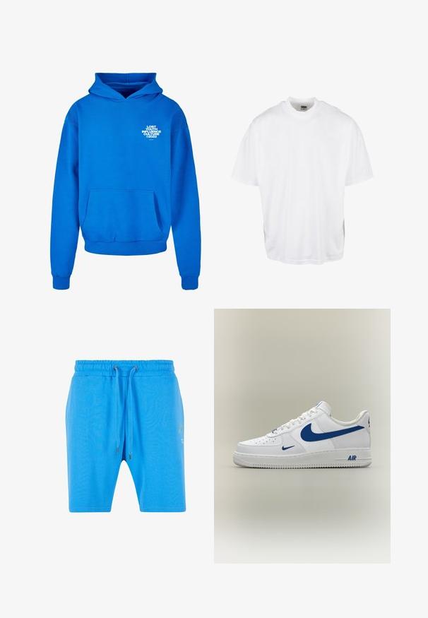 Blaue Kapuzenjacke aus Baumwollmischung, mit einer Kängurutasche, gerippten Bündchen und einem grafischen Textdruck auf der linken Brust.; Weißes Baumwoll-T-Shirt mit lockerer Passform, kurzen Ärmeln und rundem Halsausschnitt, mit geradem Saum und ohne sichtbare Grafiken oder Muster.; Blaue Baumwollshorts mit elastischem Bund, Kordelzugverschluss und dezentem grafischen Detail an der Seite. Glatte Textur und lockere Passform.; Weißer Nike Air Force 1 Sneaker mit blauen Swoosh-Logos und "AIR" Text auf der Sohle, seitlich auf neutralem Hintergrund gezeigt.