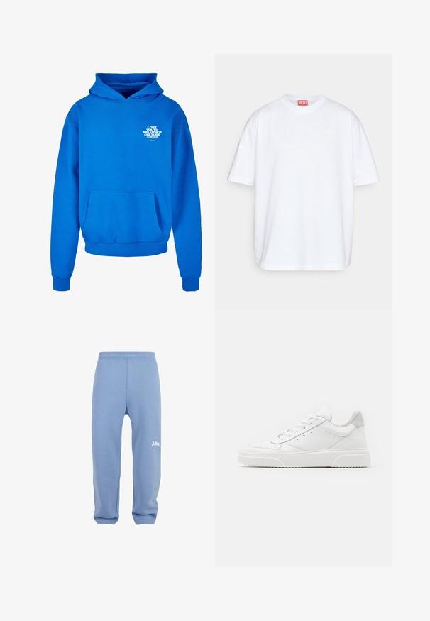 Blå hoodie lavet af bomuldsblanding, med en kænguru-lomme, ribbede manchetter og et grafisk teksttryk på venstre bryst.; Diesel BOGGY MEGOVAL - T-shirts print - white; Lyseblå sweatpants med elastisk talje, tætsiddende ben og et hvidt logo på venstre lår. Lavet af blødt, struktureret stof.; Hvide lædersneakers med en glat finish, rund tå, flade snørebånd og en struktureret sål. Grå ruskindsdetalje ved hælen.