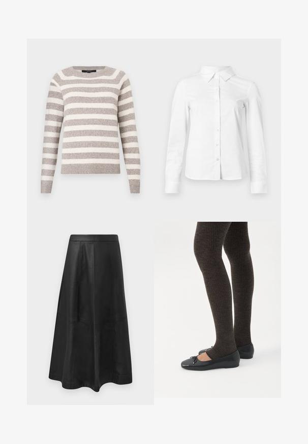 Pull rayé beige et blanc en matière douce. Encolure ronde, poignets et ourlet côtelés. Manches longues avec une coupe décontractée.; Chemise blanche à manches longues avec boutons, col pointu, ourlet droit et silhouette ajustée, présentée sur un fond clair uni.; Jupe midi en cuir noir avec une silhouette évasée, présentant des coutures détaillées et une texture lisse. Pas de matériel ou d'accents visibles.; Jambes portant des leggings côtelés foncés associés à des ballerines noires avec de petits détails en nœud sur fond blanc.
