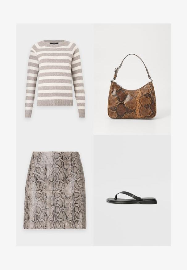 Beige og hvid stribet sweater lavet af blødt materiale. Rund halsudskæring, ribstrikkede ærmegab og kant. Lange ærmer med afslappet pasform.; En tætsiddende miniskørt med en blank, struktureret faux slangeskindsprint i nuancer af beige og sort, med en glat overflade og uden synlige lukninger.; Sorte flip-flops lavet af glat læder, med et tyndt remdesign og en flad sål med et minimalt profil. Ingen bemærkelsesværdige mønstre eller accenter.; Lille håndtaske med brun og sort slangeskinn mønster, kort justerbar rem og lynlåslukning.
